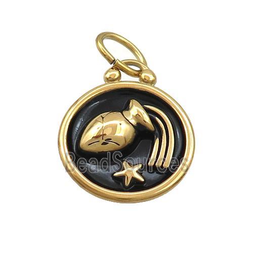 Stainless Steel Aquarius Zodiac Charms Pendant Circle Black Enamel Gold Plated