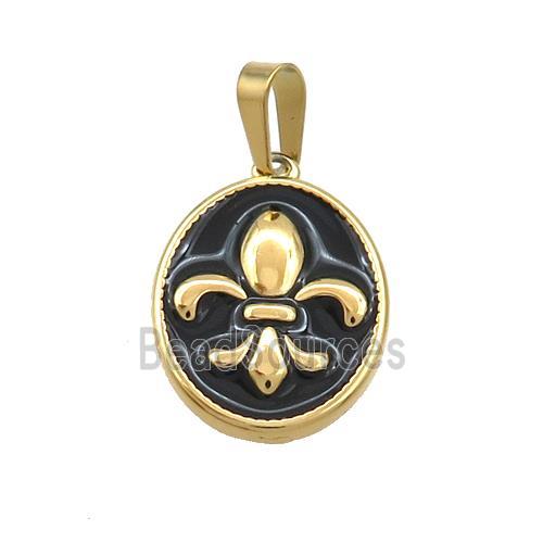 Stainless Steel Fleur-De-Lis Charms Pendant Oval Black Enamel Gold Plated