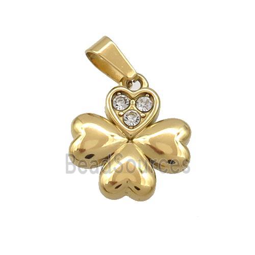 Stainless Steel Clover Pendant Pave Rhinestone Gold Plated