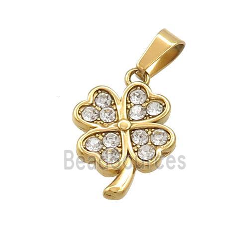 Stainless Steel Clover Charms Pendant Pave Rhinestone Gold Plated