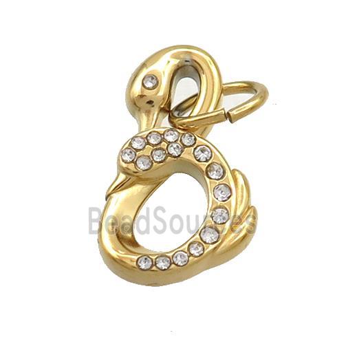 Stainless Steel Swan Pendant Pave Rhinestone Gold Plated