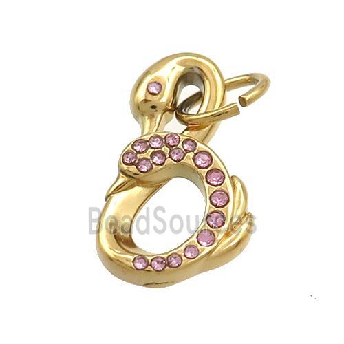 Stainless Steel Swan Pendant Pave Pink Rhinestone Gold Plated