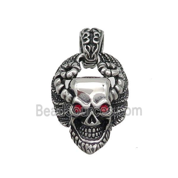 Stainless Steel Skull Charms Pendant Pave Rhinestone Antique Silver