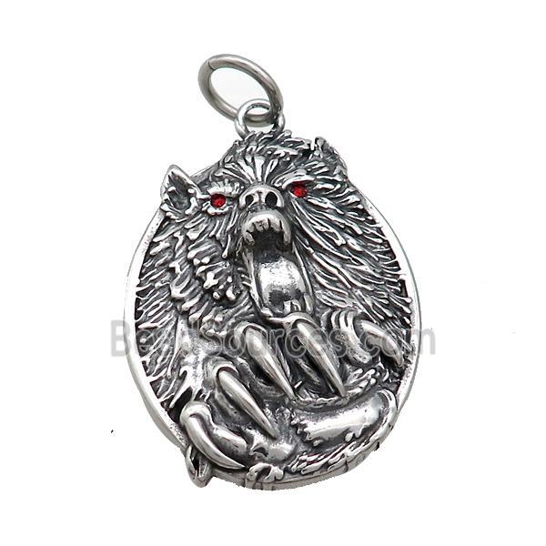 Stainless Steel Wolf Charms Pendant Pave Rhinestone Antique Silver