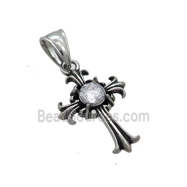 Stainless Steel Cross Pendant Pave Rhinestone Antique Silver