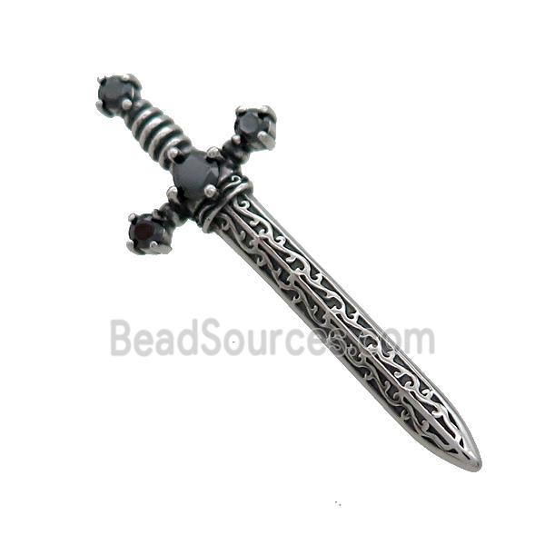 Stainless Steel Cross Pendant Pave Rhinestone Sword Antique Silver