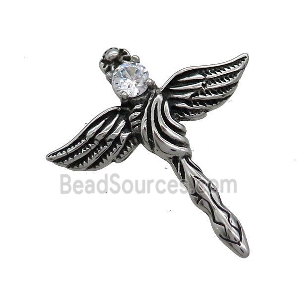 Stainless Steel Cross Pendant Pave Rhinestone Angel Wings Antique Silver