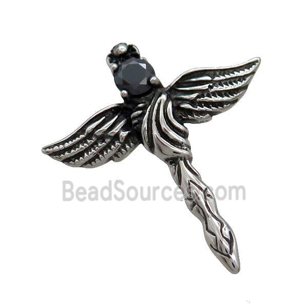 Stainless Steel Cross Pendant Pave Rhinestone Angel Wings Antique Silver