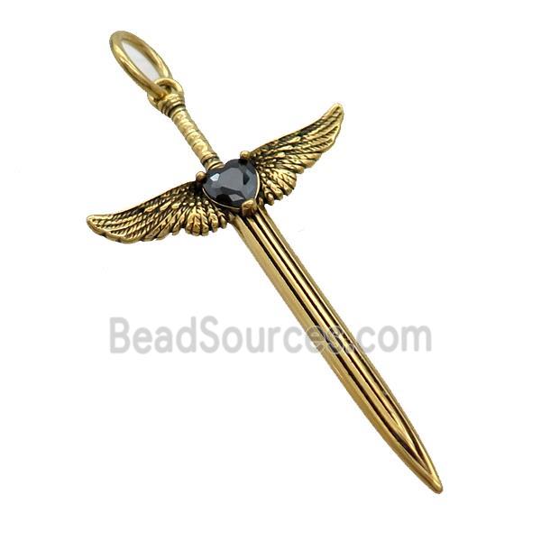 Stainless Steel Cross Pendant Pave Rhinestone Angel Wings Antique Gold