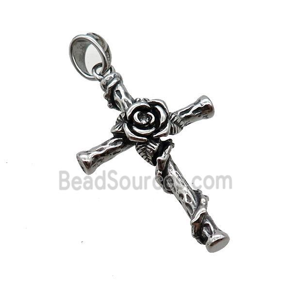 Stainless Steel Cross Pendant Flower Antique Silver