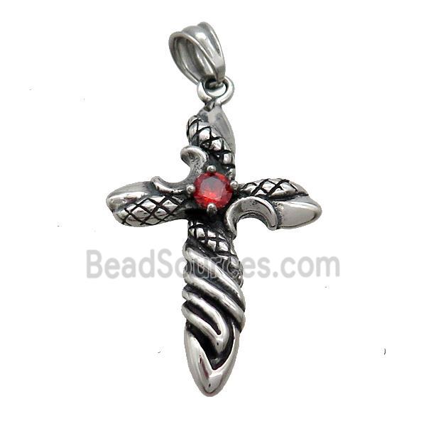 Stainless Steel Cross Pendant Pave Rhinestone Antique Silver