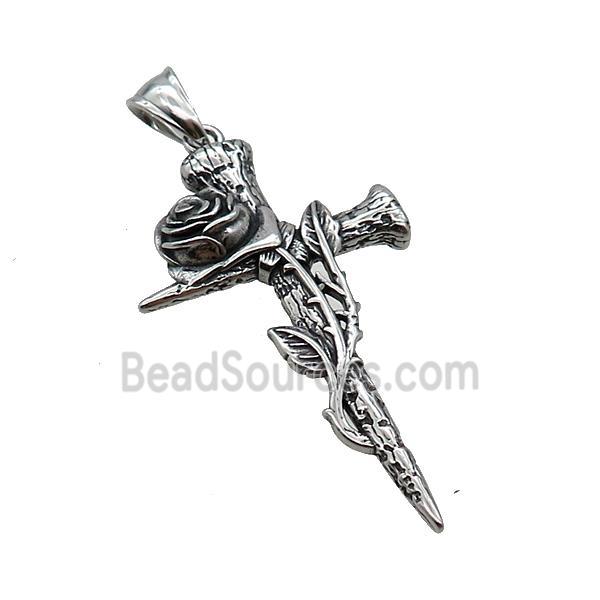 Stainless Steel Cross Pendant Flower Antique Silver