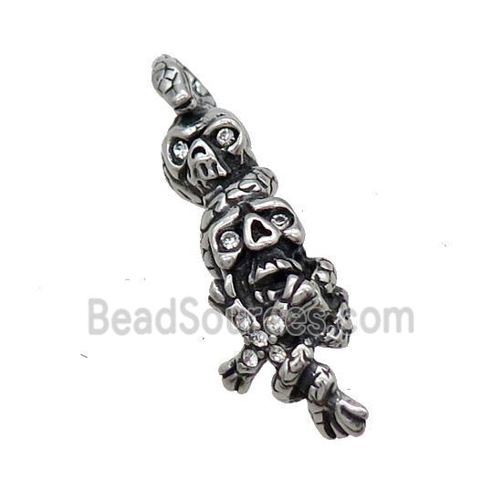 Stainless Steel Skull Charms Pendant Pave Rhinestone Antique Silver