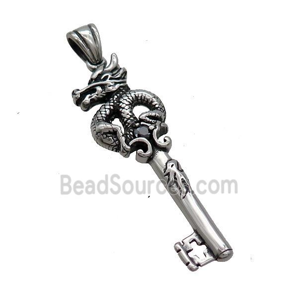 Stainless Steel Key Pendant Dragon Antique Silver