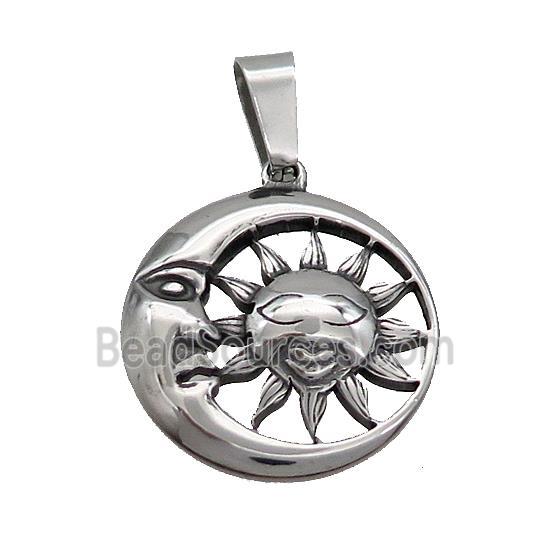 Stainless Steel Sun Moon Crescent Circle Medal Pendant Antique Silver