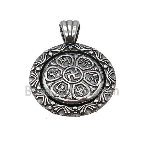 Stainless Steel Buddhist Charms Pendant Circle Om Mani Padme Hum Antique Silver