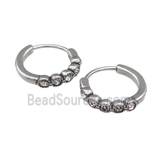 Stainless Steel Hoop Earrings Pave Rhinestone Antique Silver