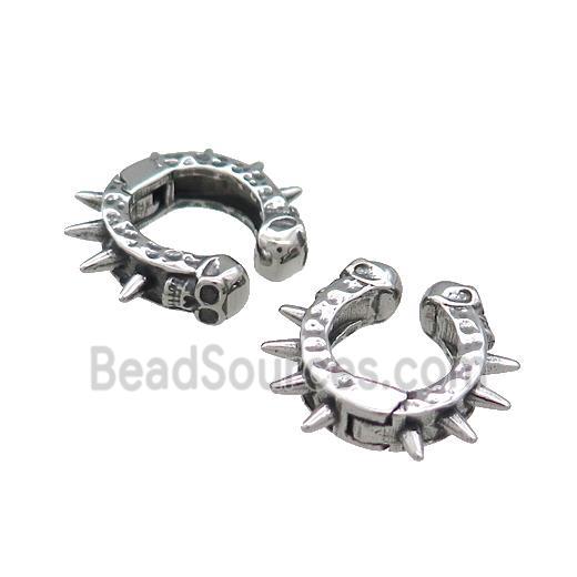 Stainless Steel Clip Earrings Spike Skull Antique Silver