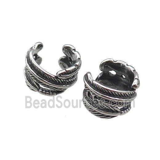 Stainless Steel Clip Earrings Feather Antique Silver