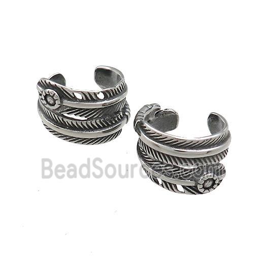 Stainless Steel Clip Earrings Feather Antique Silver