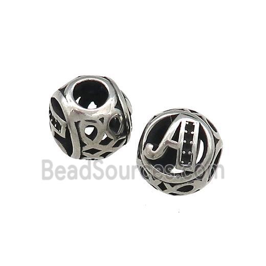 Titanium Steel Round Beads Letter-A Large Hole Hollow Antique Silver