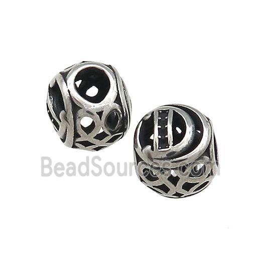 Titanium Steel Round Beads Letter-D Large Hole Hollow Antique Silver