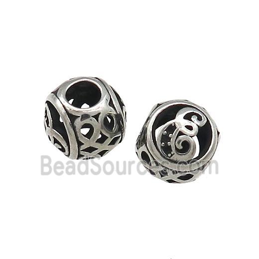 Titanium Steel Round Beads Letter-E Large Hole Hollow Antique Silver