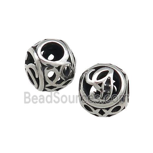 Titanium Steel Round Beads Letter-G Large Hole Hollow Antique Silver