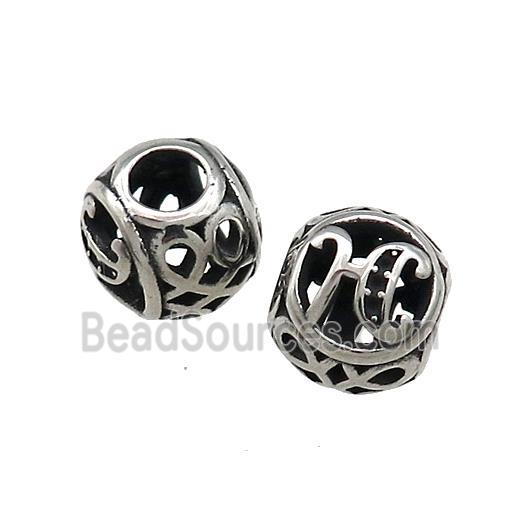 Titanium Steel Round Beads Letter-H Large Hole Hollow Antique Silver