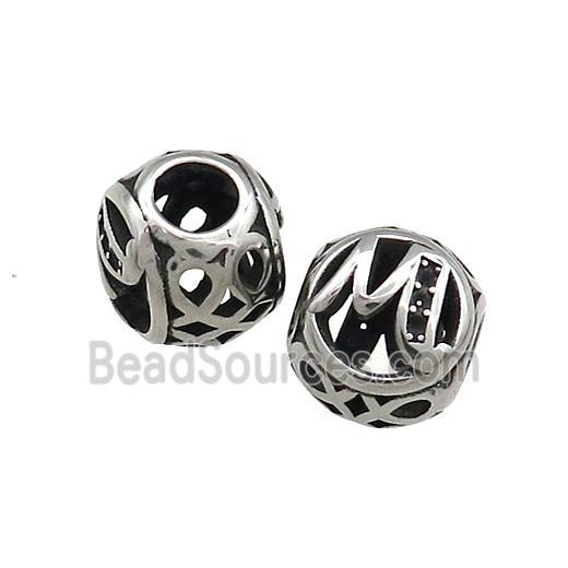 Titanium Steel Round Beads Letter-M Large Hole Hollow Antique Silver