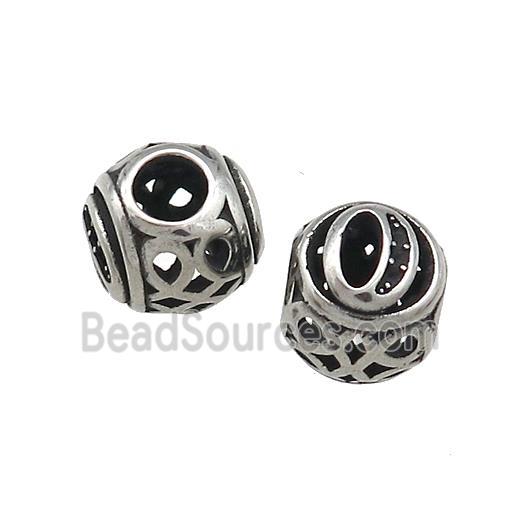 Titanium Steel Round Beads Letter-O Large Hole Hollow Antique Silver