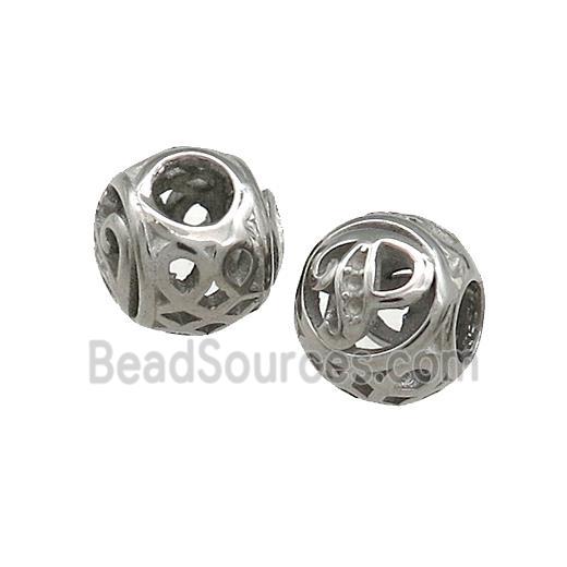 Raw Titanium Steel Round Beads Letter-P Large Hole Hollow