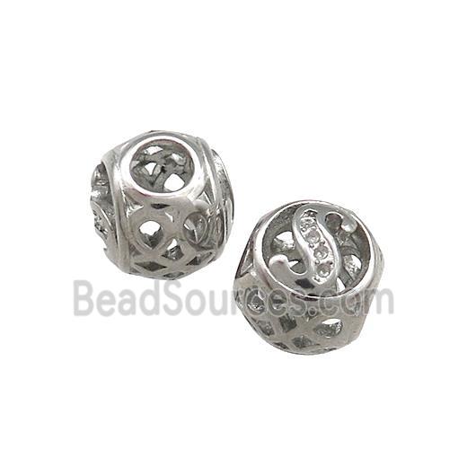 Raw Titanium Steel Round Beads Letter-S Large Hole Hollow