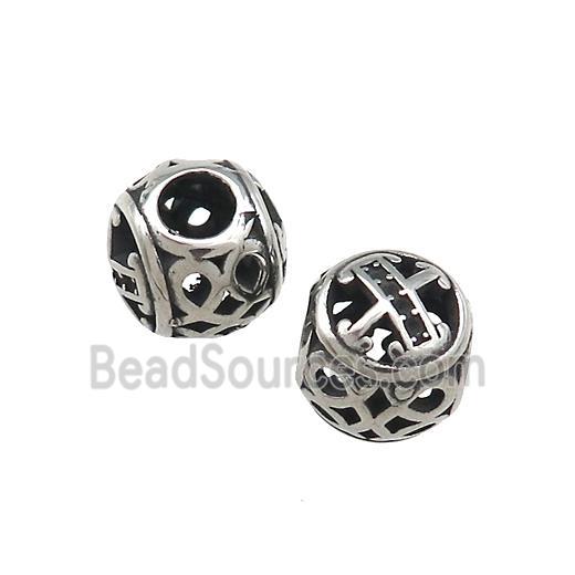 Titanium Steel Round Beads Letter-X Large Hole Hollow Antique Silver