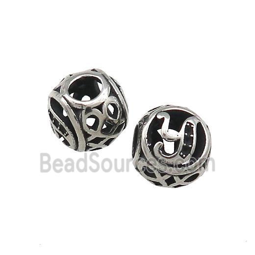 Titanium Steel Round Beads Letter-Y Large Hole Hollow Antique Silver