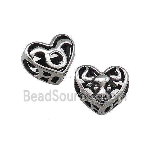 Titanium Steel Heart Beads Zodiac Taurus Large Hole Hollow Antique Silver