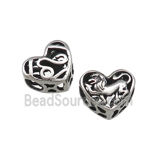 Titanium Steel Heart Beads Zodiac Leo Large Hole Hollow Antique Silver