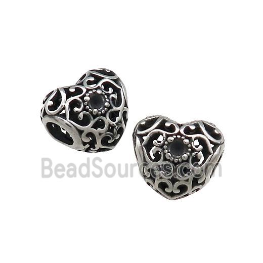 Titanium Steel Heart Beads Large Hole Hollow Antique Silver