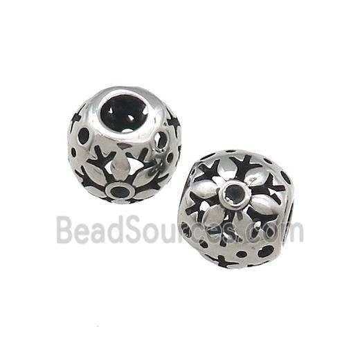 Titanium Steel Round Beads Large Hole Hollow Antique Silver