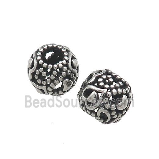 Titanium Steel Round Beads Large Hole Hollow Antique Silver