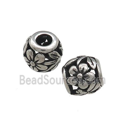 Titanium Steel Round Beads Large Hole Hollow Flower Antique Silver