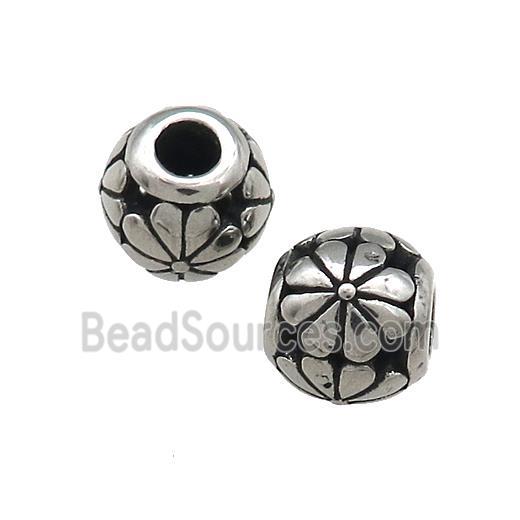 Titanium Steel Round Beads Large Hole Hollow Flower Antique Silver