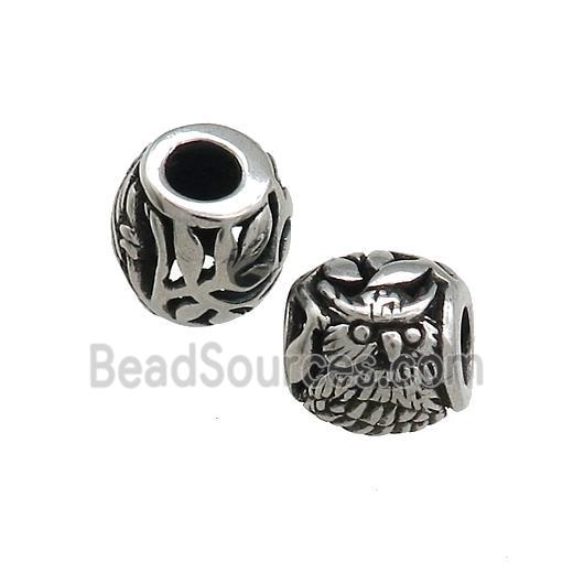 Titanium Steel Round Beads Large Hole Hollow Owl Antique Silver