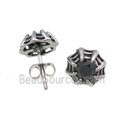 Stainless Steel Stud Earring Pave Rhinestone Cobweb Antique Silver