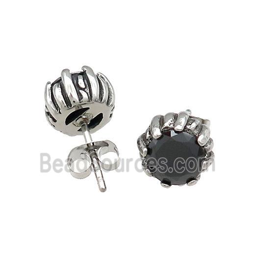 Stainless Steel Stud Earring Pave Rhinestone Lotus Antique Silver