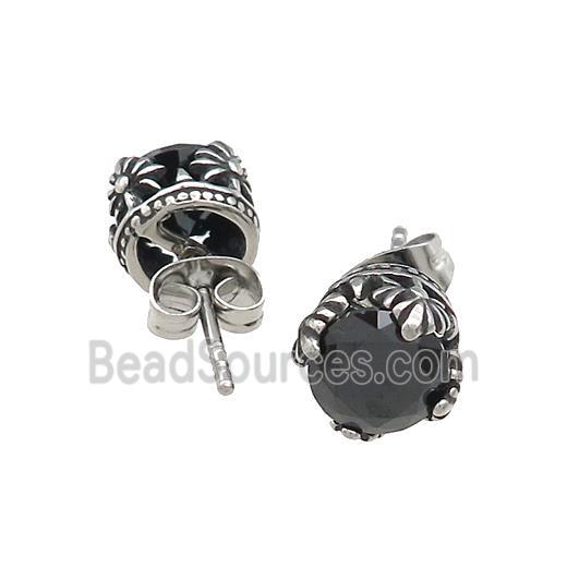 Stainless Steel Stud Earring Pave Rhinestone Antique Silver