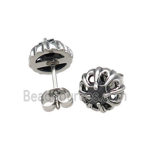 Stainless Steel Stud Earring Pave Rhinestone Antique Silver