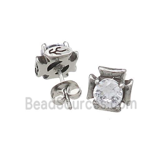 Stainless Steel Stud Earring Pave Rhinestone Antique Silver