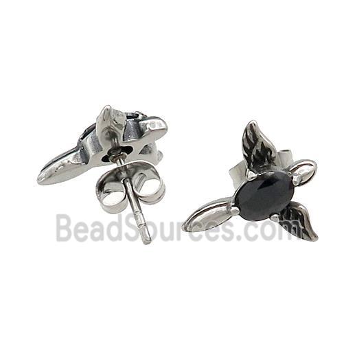 Stainless Steel Stud Earring Pave Rhinestone Angel Wings Antique Silver