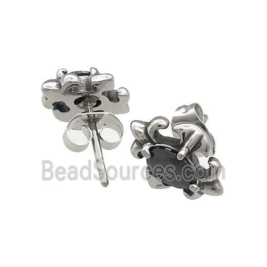 Stainless Steel Stud Earring Pave Rhinestone Flower Of Lily Antique Silver